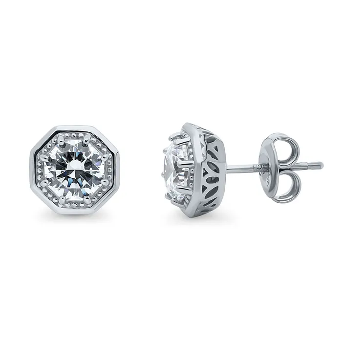 Earrings BERRICLE Art Deco Solitaire CZ Set in Sterling Silver