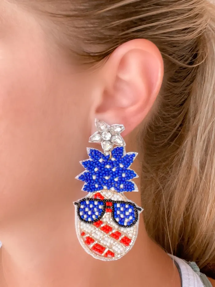 Earrings Prep Obsessed TL Patriotic Pineapple Beaded Dangle Earrings