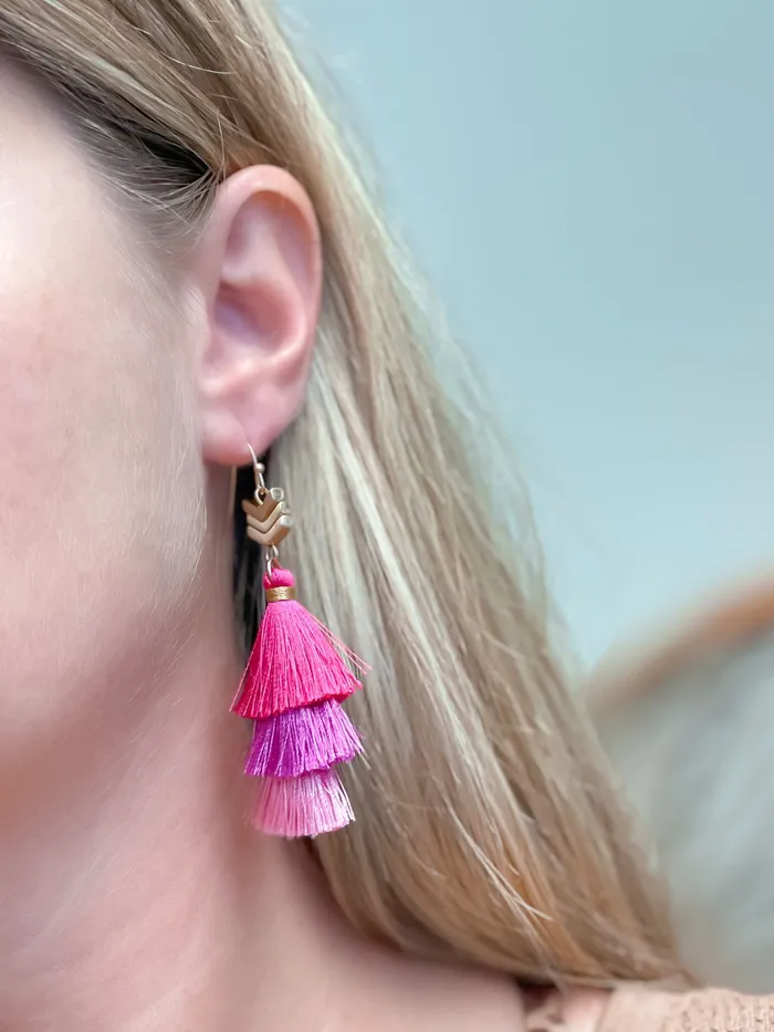 Earrings Prep Obsessed WT Pink Tassel Tiered Dangle Earrings