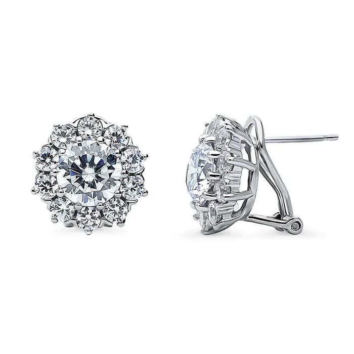 Flower Halo CZ Omega Back Stud Earrings in Sterling Silver BERRICLE Earrings
