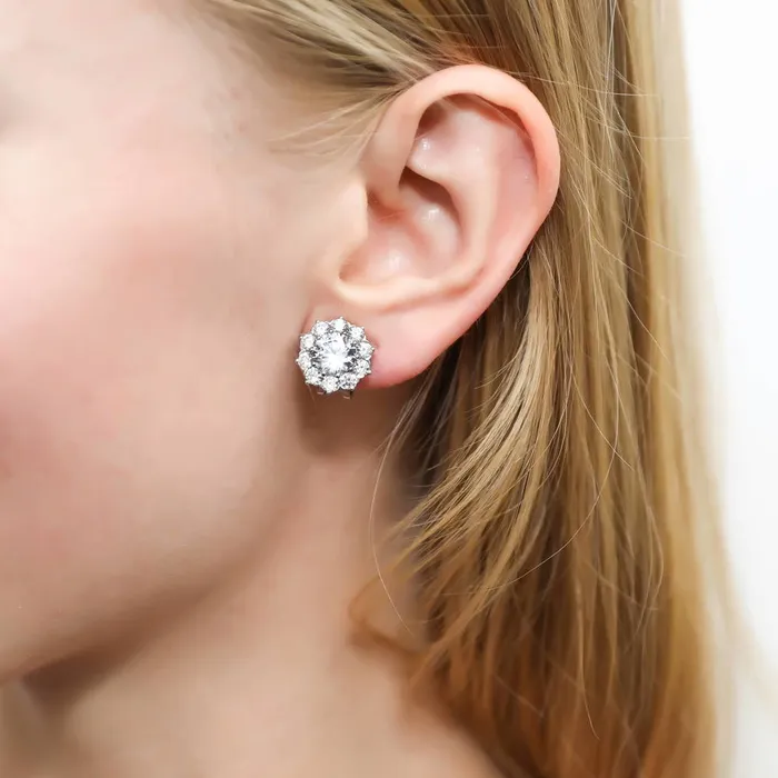 Flower Halo CZ Omega Back Stud Earrings in Sterling Silver BERRICLE Earrings