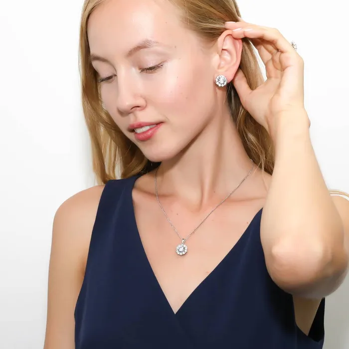 Flower Halo CZ Omega Back Stud Earrings in Sterling Silver BERRICLE Earrings