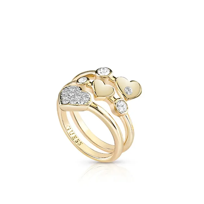 Guess Rings Guess Ladies Ring IP Gold Stainless Steel With Heart Shape Stones Size 58