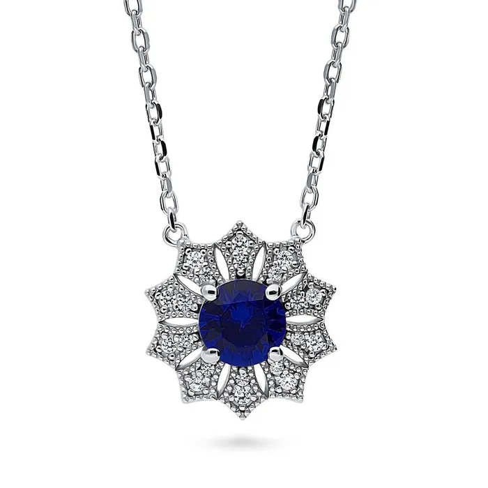 Halo Flower Blue CZ Necklace in Sterling Silver BERRICLE Necklaces