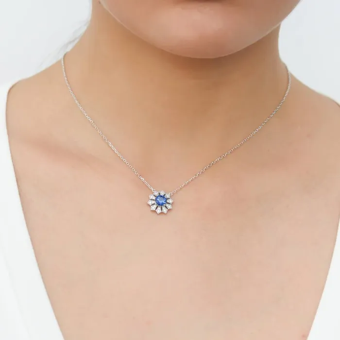Halo Flower Blue CZ Necklace in Sterling Silver BERRICLE Necklaces