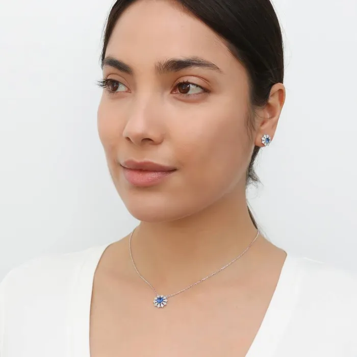 Halo Flower Blue CZ Necklace in Sterling Silver BERRICLE Necklaces