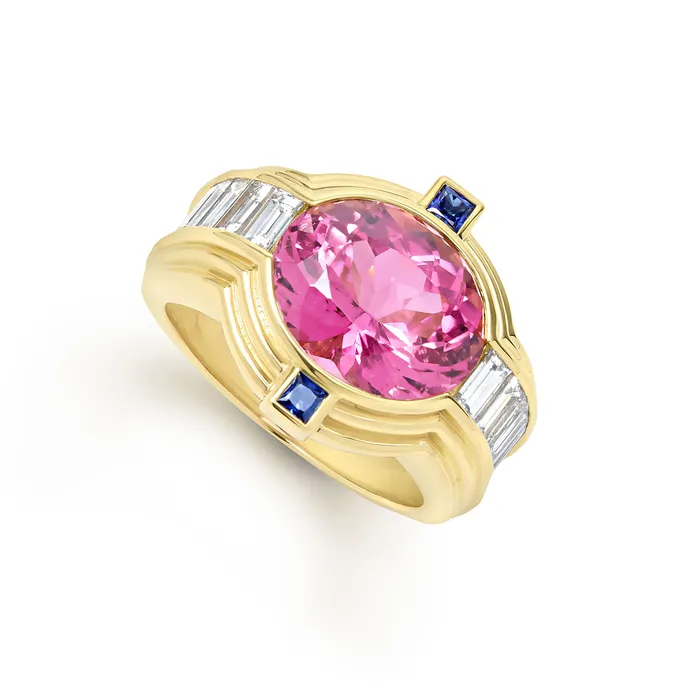 LAGOS Rings Studio 18K Gold Pink Tourmaline and Blue Sapphire Diamond Ring
