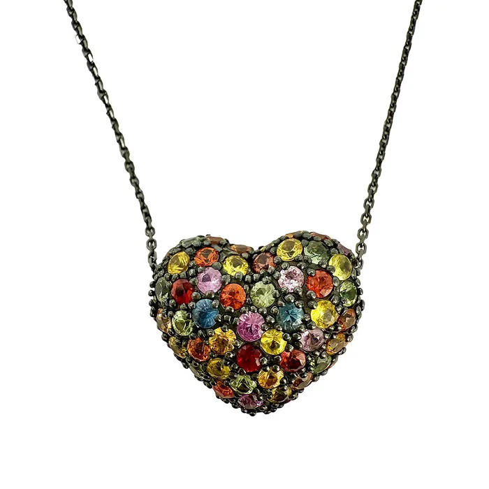 Necklaces 18K Dark Gold Heart Pendant Necklace with Multicolored Sapphires Jewelry Necklaces 18K Dark Gold Heart Pendant Necklace with Multicolored Sapphires Jewelry