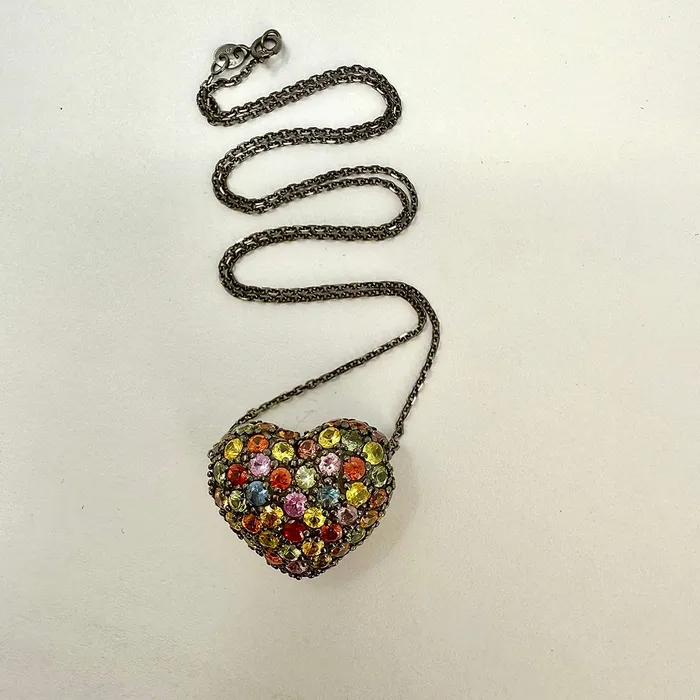Necklaces 18K Dark Gold Heart Pendant Necklace with Multicolored Sapphires Jewelry