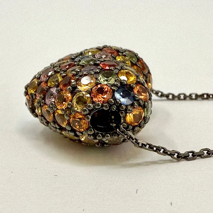 Necklaces 18K Dark Gold Heart Pendant Necklace with Multicolored Sapphires Jewelry