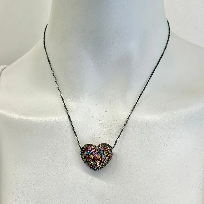 Necklaces 18K Dark Gold Heart Pendant Necklace with Multicolored Sapphires Jewelry