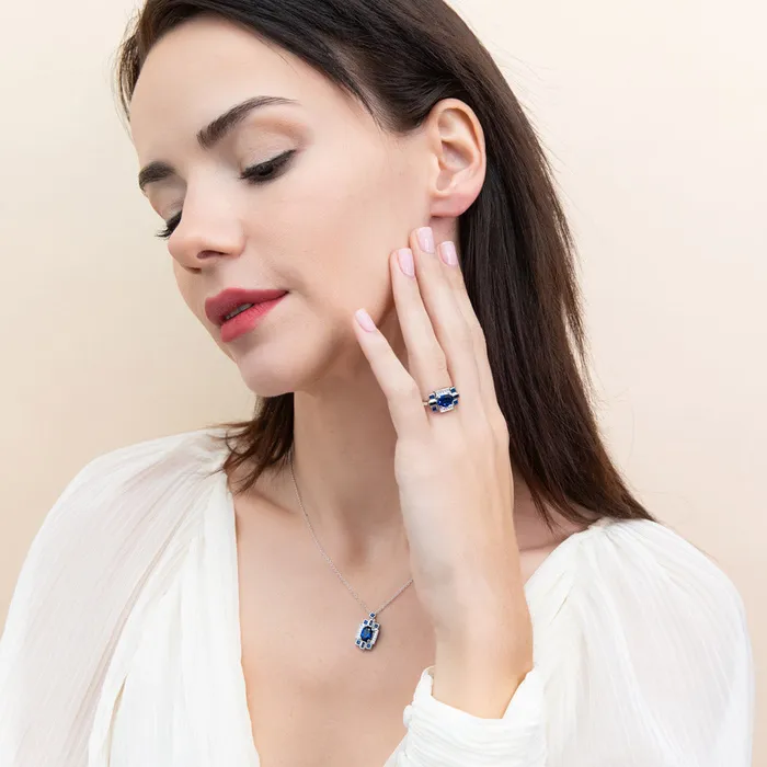 Necklaces BERRICLE Art Deco Simulated Blue Sapphire CZ Necklace in Sterling Silver