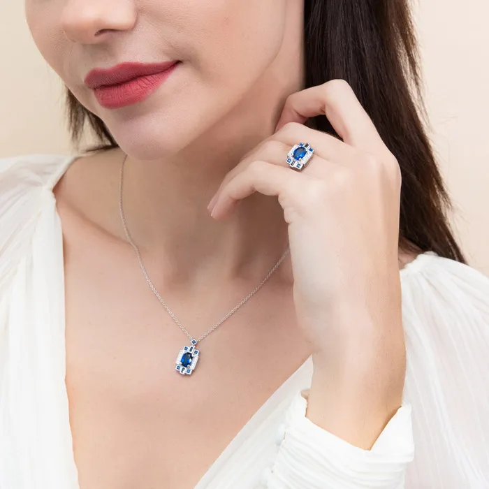 Necklaces BERRICLE Art Deco Simulated Blue Sapphire CZ Necklace in Sterling Silver
