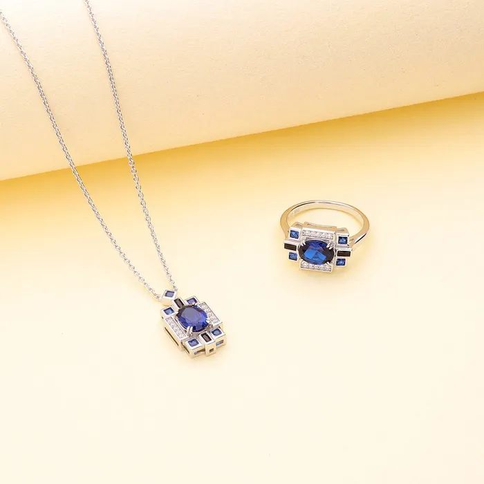 Necklaces BERRICLE Art Deco Simulated Blue Sapphire CZ Necklace in Sterling Silver