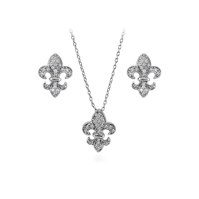 Necklaces BERRICLE Fleur De Lis CZ Necklace and Earrings in Sterling Silver