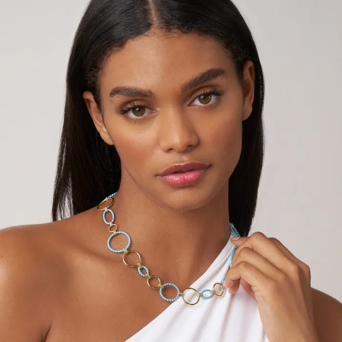 Necklaces LAGOS Meridian 18K Gold and Blue Ceramic Link Necklace Necklaces LAGOS Meridian 18K Gold and Blue Ceramic Link Necklace
