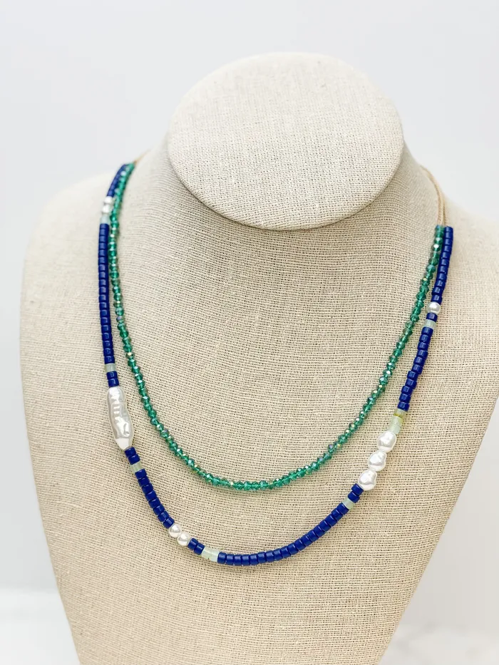 Prep Obsessed JJ Necklaces Blue Bead Pearl Dual Layer Necklace
