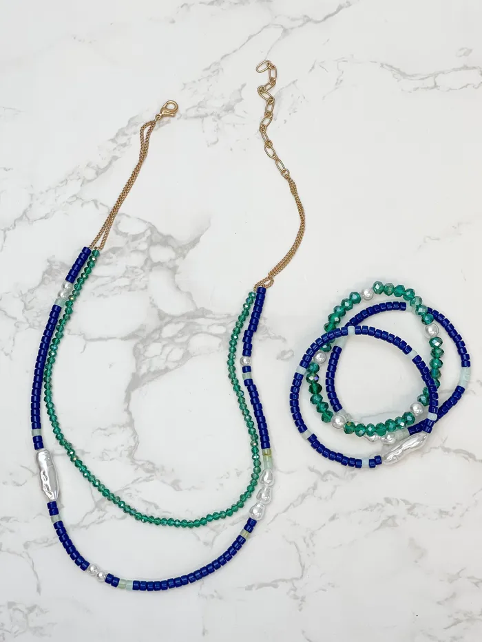 Prep Obsessed JJ Necklaces Blue Bead Pearl Dual Layer Necklace