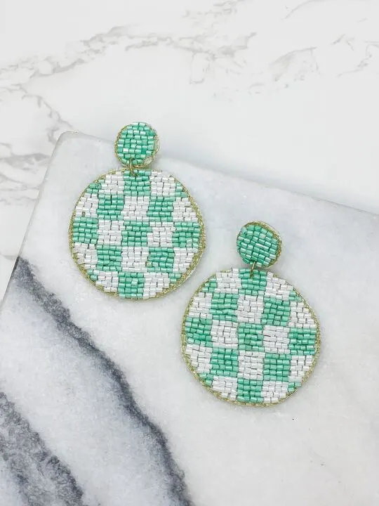 Prep Obsessed MOA Earrings Checkered Beaded Dangled Earrings Mint