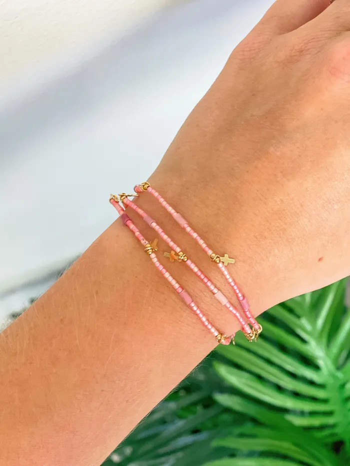 Prep Obsessed PR Bracelets Semi Precious Cross Bracelet Set Pink
