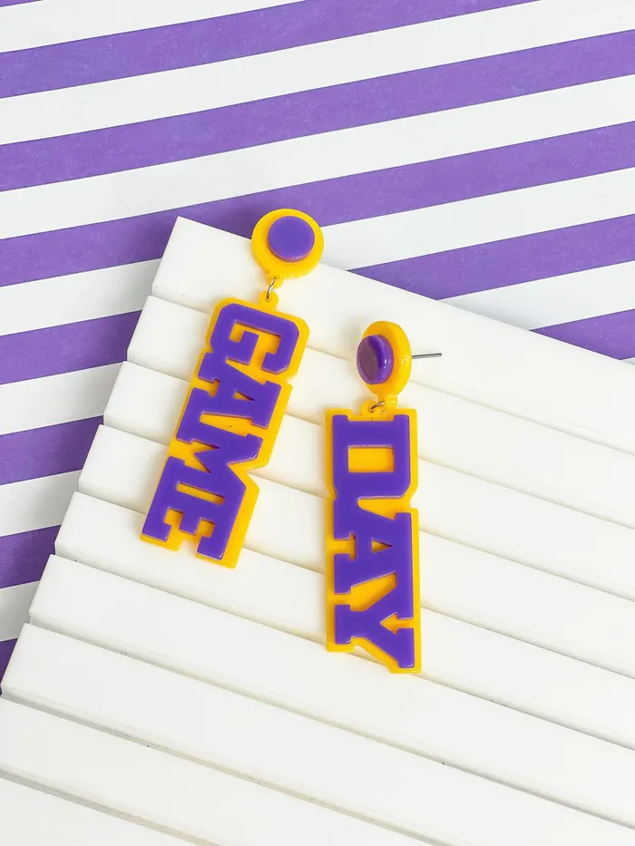 Prep Obsessed VP Earrings Game Day Statement Dangle Earrings Yellow Purple