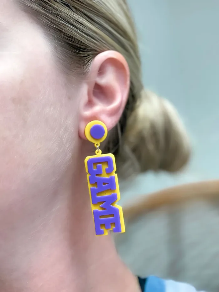 Prep Obsessed VP Earrings Game Day Statement Dangle Earrings Yellow Purple