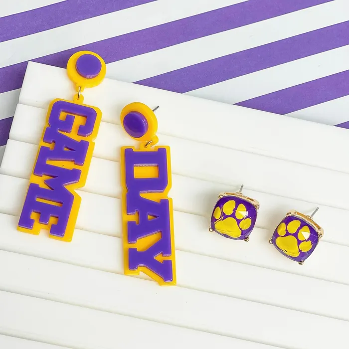 Prep Obsessed VP Earrings Game Day Statement Dangle Earrings Yellow Purple