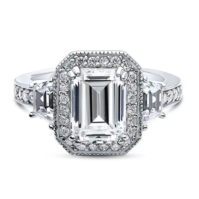 Rings BERRICLE Halo Emerald Cut CZ Ring in Sterling Silver