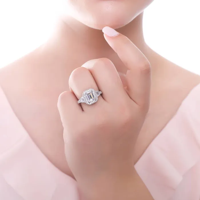 Rings BERRICLE Halo Emerald Cut CZ Ring in Sterling Silver