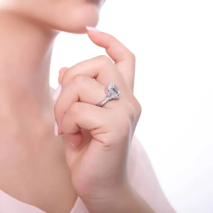 Rings BERRICLE Halo Emerald Cut CZ Ring in Sterling Silver