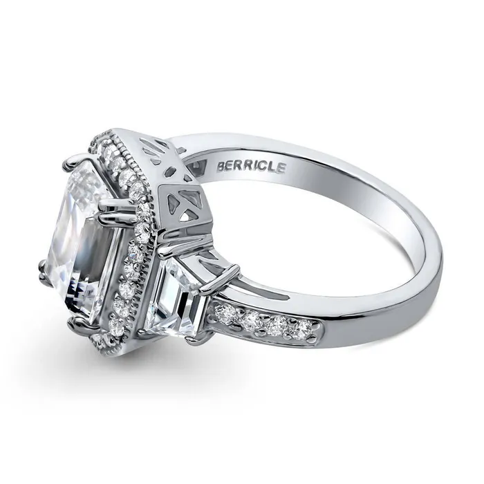 Rings BERRICLE Halo Emerald Cut CZ Ring in Sterling Silver