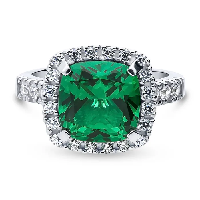 Rings BERRICLE Halo Green Cushion CZ Ring in Sterling Silver