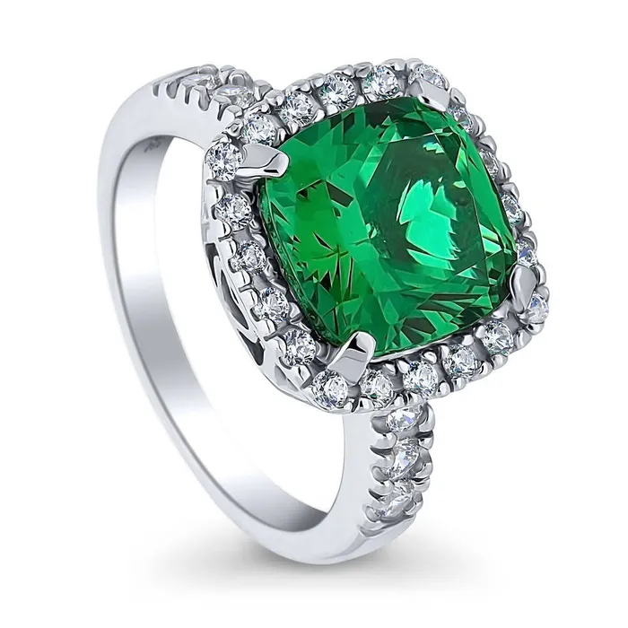 Rings BERRICLE Halo Green Cushion CZ Ring in Sterling Silver