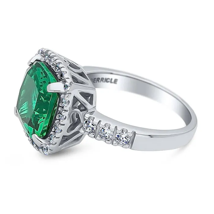 Rings BERRICLE Halo Green Cushion CZ Ring in Sterling Silver