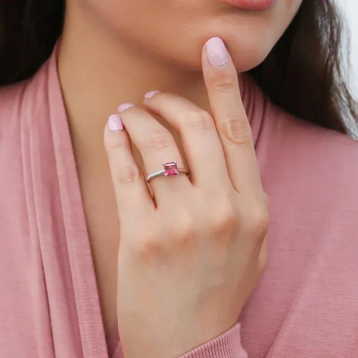 Rings BERRICLE Solitaire Wishbone Red Princess CZ Ring Set in Sterling Silver