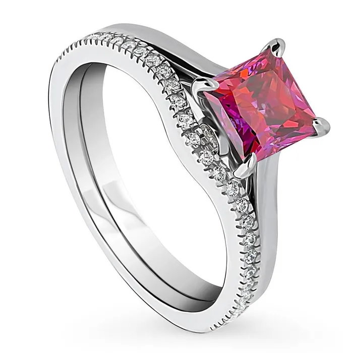 Rings BERRICLE Solitaire Wishbone Red Princess CZ Ring Set in Sterling Silver