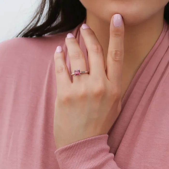 Rings BERRICLE Solitaire Wishbone Red Princess CZ Ring Set in Sterling Silver