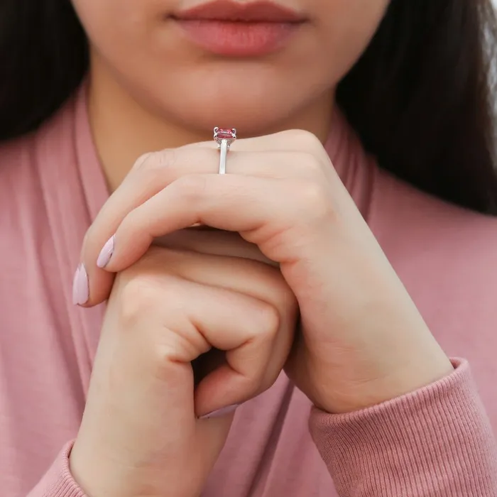 Rings BERRICLE Solitaire Wishbone Red Princess CZ Ring Set in Sterling Silver