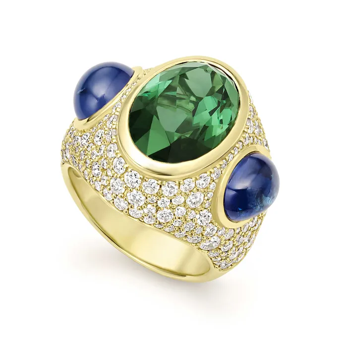 Rings LAGOS Studio 18K Gold Green Tourmaline and Blue Sapphire Diamond Ring Rings LAGOS Studio 18K Gold Green Tourmaline and Blue Sapphire Diamond Ring