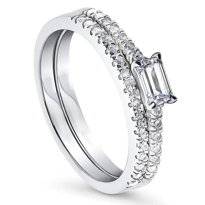 Solitaire EastWest Emerald Cut CZ Ring Set in Sterling Silver BERRICLE Rings
