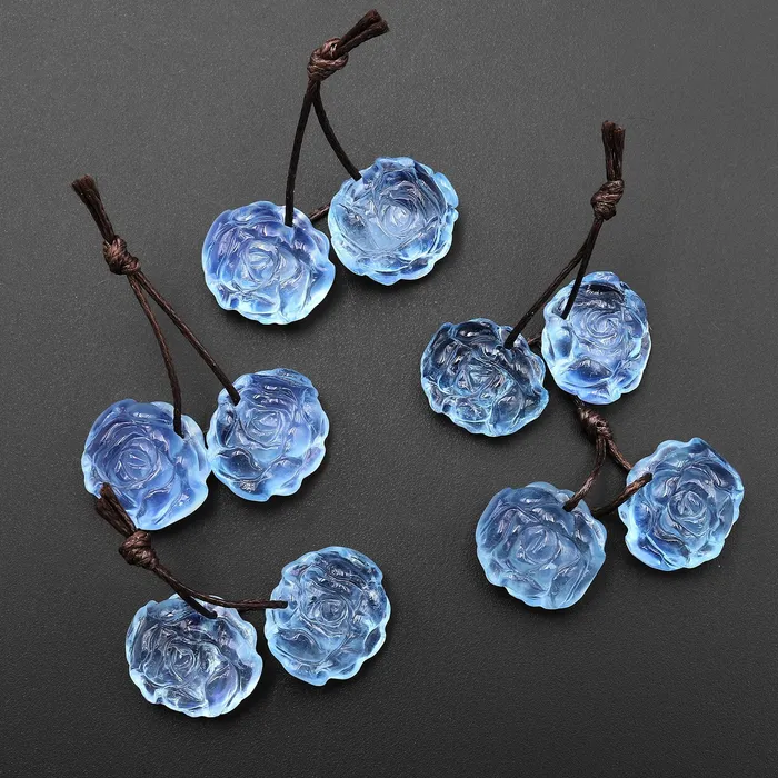AAA Hand Carved Natural Blue Aquamarine Rose Flower Earring Pair Drilled Gemstone Matched Beads Intrinsic Trading Earrings