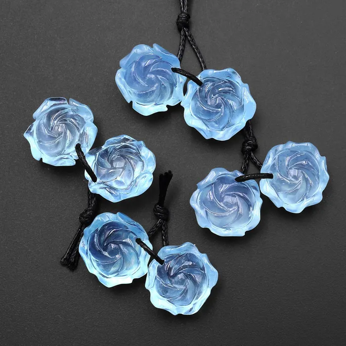 AAA Hand Carved Natural Blue Aquamarine Rose Flower Earring Pair Drilled Gemstone Matched Beads Intrinsic Trading Earrings