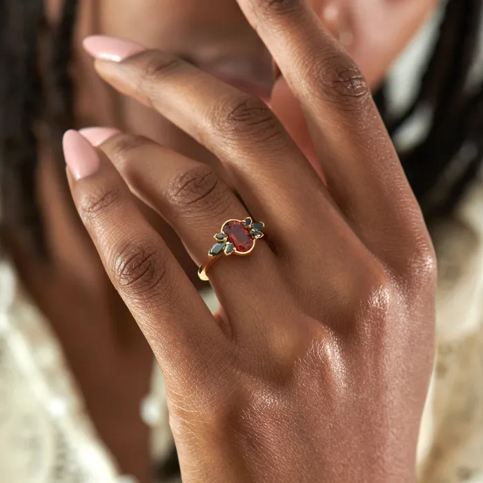 ARTEMER Rings Flowers of Evil Red Garnet Black Diamond Engagement Ring