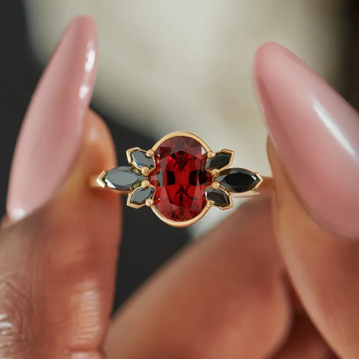 ARTEMER Rings Flowers of Evil Red Garnet Black Diamond Engagement Ring