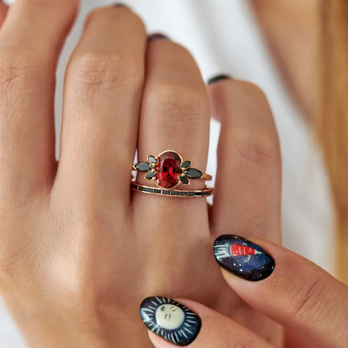 ARTEMER Rings Flowers of Evil Red Garnet Black Diamond Engagement Ring