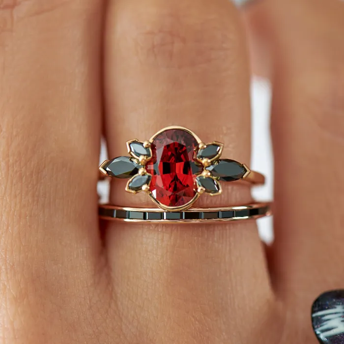 ARTEMER Rings Flowers of Evil Red Garnet Black Diamond Engagement Ring