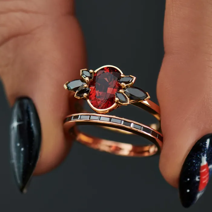 ARTEMER Rings Flowers of Evil Red Garnet Black Diamond Engagement Ring
