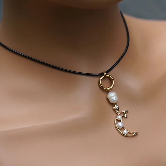 Captive Collars Earrings Gold Moon Pearl On Wax Cord