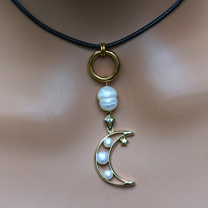 Captive Collars Earrings Gold Moon Pearl On Wax Cord
