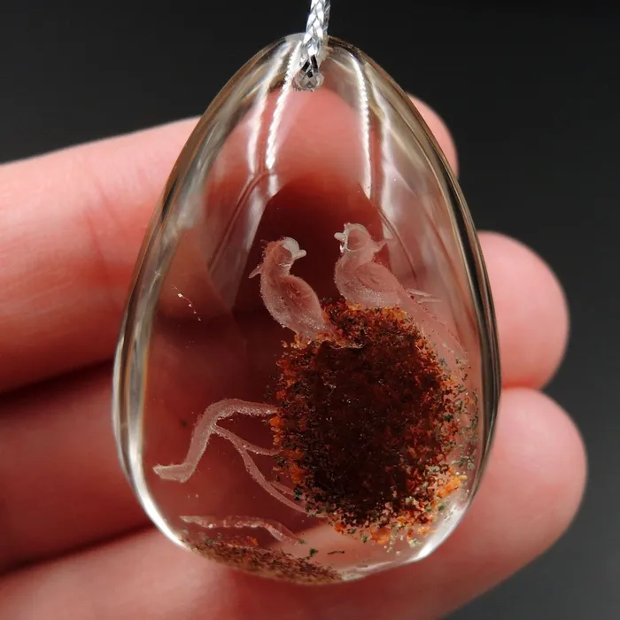 Carved Natural Lodolite Phantom Quartz Pendant Front Drilled Hand Carved Magpie Bird Rock Crystal Pendant One of a Kind Pendant P1810 Intrinsic Trading Necklaces